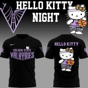 Golden State Valkyries Hello Kitty Night 2026 Celebrate Black Tee Hoodie. Black hoodie with Valkyries front, Hello Kitty basketball back.
