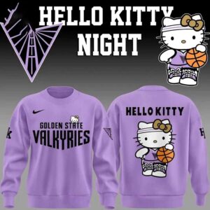 Golden State Valkyries Hello Kitty Night 2026 Celebrate Tee Hoodie: Purple hoodie, front logo, back features Hello Kitty playing basketball.