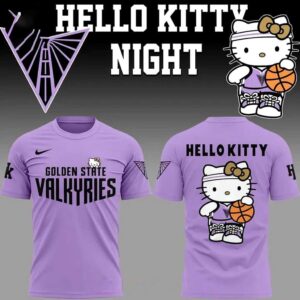 Golden State Valkyries Hello Kitty Night 2026 Celebrate Tee Hoodie: Purple hoodie, front logo, back features Hello Kitty playing basketball.