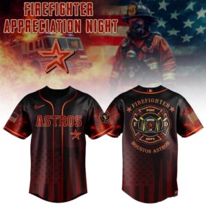 Houston Astros Firefighter Appreciation Night 2026 Jersey, black and orange with 'ASTROS' front, firefighter emblem back.