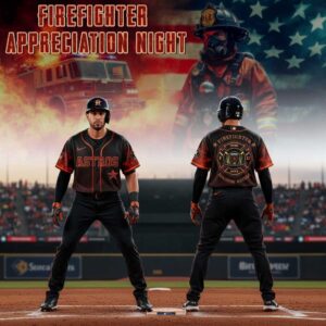 Houston Astros Firefighter Appreciation Night 2026 Jersey, black and orange with 'ASTROS' front, firefighter emblem back.