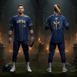 Houston Astros Fourth Wings Night 2026 Dragon Baseball Jersey. Navy blue with gold 'ASTRO' front, mythical dragon and 'H' logo on back.