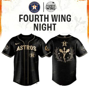 Houston Astros Fourth Wings Night 2026 Dragon Baseball Jersey. Navy blue with gold 'ASTRO' front, mythical dragon and 'H' logo on back.