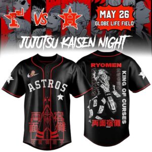 Houston Astros Jujutsu Kaisen Night 2026 Sukuna Baseball Jersey: Black jersey with red Sukuna graphics, white Astros text, and star details.