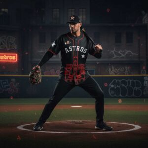 Houston Astros Jujutsu Kaisen Night 2026 Sukuna Baseball Jersey: Black jersey with red Sukuna graphics, white Astros text, and star details.