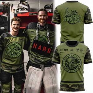 Olive green and camouflage Huntsville Havoc Military Appreciation Night 2026 Celebrate Hoodie T Shirt with gator logo & US flags.