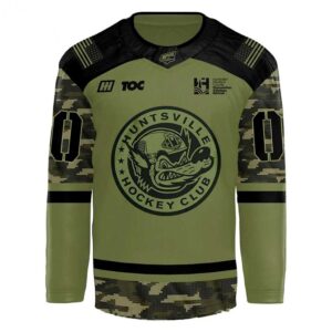 Huntsville Havoc Military Appreciation Night 2026 Custom Hockey Jersey with olive digital camo, dog mascot logo, and customizable name/number.