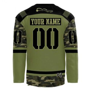 Huntsville Havoc Military Appreciation Night 2026 Custom Hockey Jersey with olive digital camo, dog mascot logo, and customizable name/number.