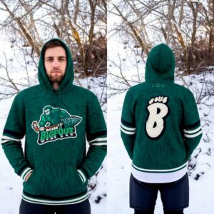 Idaho Steelheads Boise Bigfoot Hoodie, dark green, with hockey-playing Bigfoot front graphic and 'B' with footprint on back. Striped sleeves.
