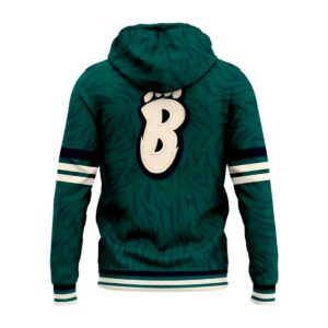 Idaho Steelheads Boise Bigfoot Hoodie, dark green, with hockey-playing Bigfoot front graphic and 'B' with footprint on back. Striped sleeves.