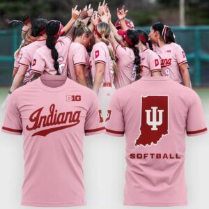 Indiana Hoosiers Softball 2026 Spring Time Gameday Shirt Hoodie in pink with red script 'Indiana', state map, and IU trident.