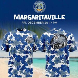 Jacksonville IceMen 2026 Margaritaville Night Hoodie T-shirt with blue/gray tropical print, yeti hockey logo front/back.