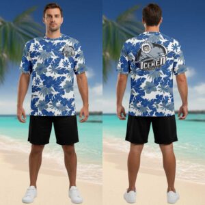 Jacksonville IceMen 2026 Margaritaville Night Hoodie T-shirt with blue/gray tropical print, yeti hockey logo front/back.