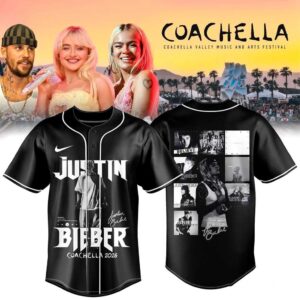 Justin Bieber Coachella 2026 Festival State Of Mind Jersey, black baseball jersey with white piping, 'JUSTIN BIEBER Coachella 2026' text, and graphic.