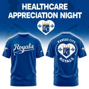Kansas City Royals Healthcare Appreciation Night Hoodie, royal blue, white Royals script, caduceus, KC heart logo with ECG lines.