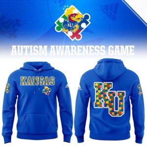 Kansas Jayhawks Autism Awareness Tee Hoodie, blue, with colorful puzzle piece 'KANSAS' front & 'KU' back logos, supporting autism.