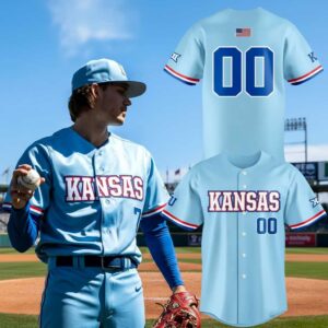Kansas Jayhawks Powder Blue Uniform 2026 Jersey featuring 'KANSAS' text, number 00, and an American flag on the back.