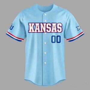 Kansas Jayhawks Powder Blue Uniform 2026 Jersey featuring 'KANSAS' text, number 00, and an American flag on the back.