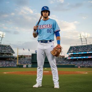 Kansas Jayhawks Powder Blue Uniform 2026 Jersey featuring 'KANSAS' text, number 00, and an American flag on the back.