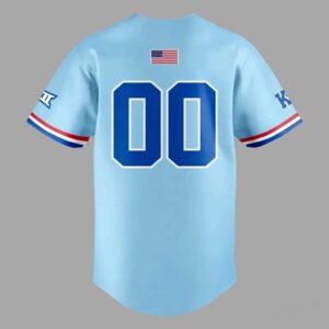 Kansas Jayhawks Powder Blue Uniform 2026 Jersey featuring 'KANSAS' text, number 00, and an American flag on the back.
