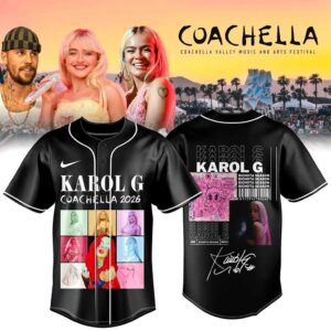 Karol G Coachella 2026 Festival State of Mind Jersey: black, baseball-style, with front collage of Karol G and back signature.