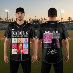 Karol G Coachella 2026 Festival State of Mind Jersey: black, baseball-style, with front collage of Karol G and back signature.