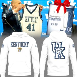 Kentucky Wildcats Throwback 1996 White Hoodie featuring 'KENTUCKY' text with mascot on front, and large 'UK' logo with basketball on back.