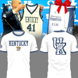 Kentucky Wildcats Throwback 1996 White Hoodie featuring 'KENTUCKY' text with mascot on front, and large 'UK' logo with basketball on back.