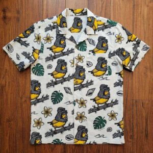 King Konary Sparrows in disguise Hawaiin Shirt with yellow birds in wigs, tropical leaves, and flowers on a white background.
