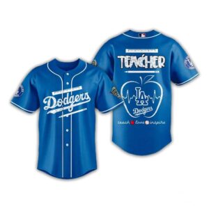 LA Dodgers Teacher Appreciation Day 2026 Special Jersey. Blue, 'Dodgers' front. Back: 'TEACHER', apple with LA heart-rate logo, 'teach love inspire'.