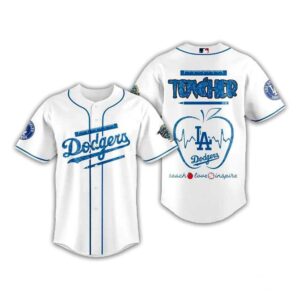LA Dodgers Teacher Appreciation Day 2026 Special Jersey. Blue, 'Dodgers' front. Back: 'TEACHER', apple with LA heart-rate logo, 'teach love inspire'.