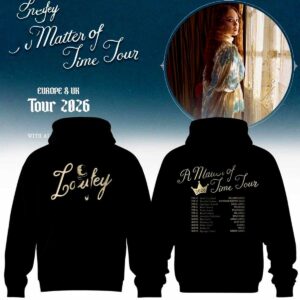 Laufey A Matter Of Time Tour 2026 Hoodie: black with gold script logo on front, circular album art and tour dates on back.