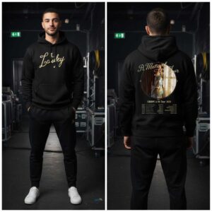 Laufey A Matter Of Time Tour 2026 Hoodie: black with gold script logo on front, circular album art and tour dates on back.