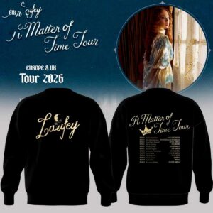 Laufey A Matter Of Time Tour 2026 Hoodie: black with gold script logo on front, circular album art and tour dates on back.