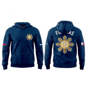 Legend Manny Pacquiao Yankees Filipino Hoodie. Navy blue hoodie with gold Filipino sun & Yankees 'NY' logo, 'FILIPINAS' text, and Philippine flag on sleeve.