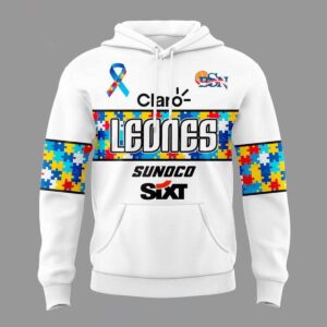 Leones de Ponce BSN 2026 Autism Awareness Shirt Hoodie. White hoodie with multi-color puzzle pieces, team logos, autism ribbon.