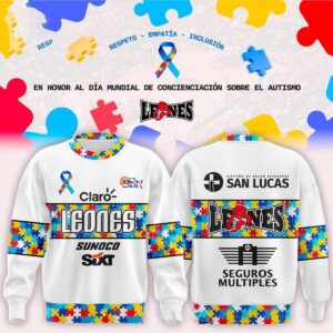 Leones de Ponce BSN 2026 Autism Awareness Shirt Hoodie. White hoodie with multi-color puzzle pieces, team logos, autism ribbon.