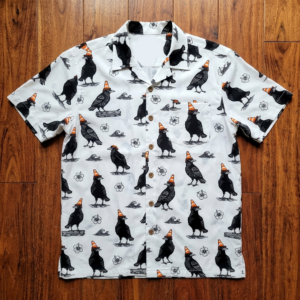 Lord Wellington Hawaiin Shirt with funny black crows wearing orange traffic cones, white flowers & waves.