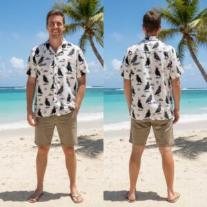 Lord Wellington Hawaiin Shirt with funny black crows wearing orange traffic cones, white flowers & waves.