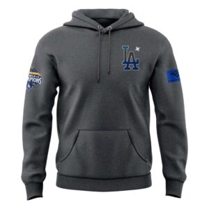Gray Los Angeles Dodgers Back-to-Back World Champions 2026 For Fan Tee Hoodie featuring blue LA logo & bold 'CHAMPIONS Dodgers' back graphic.