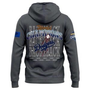 Gray Los Angeles Dodgers Back-to-Back World Champions 2026 For Fan Tee Hoodie featuring blue LA logo & bold 'CHAMPIONS Dodgers' back graphic.