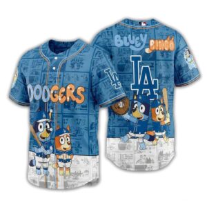 Los Angeles Dodgers Bluey Bingo 2026 Jersey featuring Bluey & Bingo in Dodgers uniforms. Baseball jersey design.