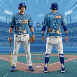 Los Angeles Dodgers Bluey Bingo 2026 Jersey featuring Bluey & Bingo in Dodgers uniforms. Baseball jersey design.