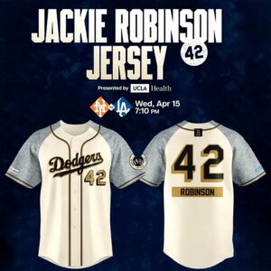 Los Angeles Dodgers Jackie Robinson 2026 Baseball Jersey. Cream & gray design with gold accents, 