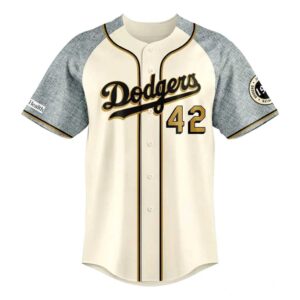 Los Angeles Dodgers Jackie Robinson 2026 Baseball Jersey. Cream & gray design with gold accents, 