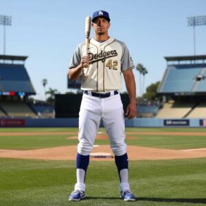 Los Angeles Dodgers Jackie Robinson 2026 Baseball Jersey. Cream & gray design with gold accents, 