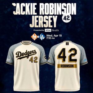 Los Angeles Dodgers Jackie Robinson 2026 Uniform Tee Hoodies: cream body, grey raglan sleeves, 'Dodgers 42' on front, 'ROBINSON 42' on back.