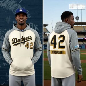Los Angeles Dodgers Jackie Robinson 2026 Uniform Tee Hoodies: cream body, grey raglan sleeves, 'Dodgers 42' on front, 'ROBINSON 42' on back.