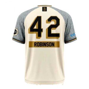 Los Angeles Dodgers Jackie Robinson 2026 Uniform Tee Hoodies: cream body, grey raglan sleeves, 'Dodgers 42' on front, 'ROBINSON 42' on back.