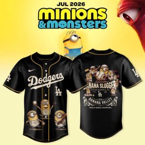 Los Angeles Dodgers Minions Monsters 2026 Vintage 1920s Baseball Jersey, black with Minions playing baseball and 'Banana Slugger' on the back.